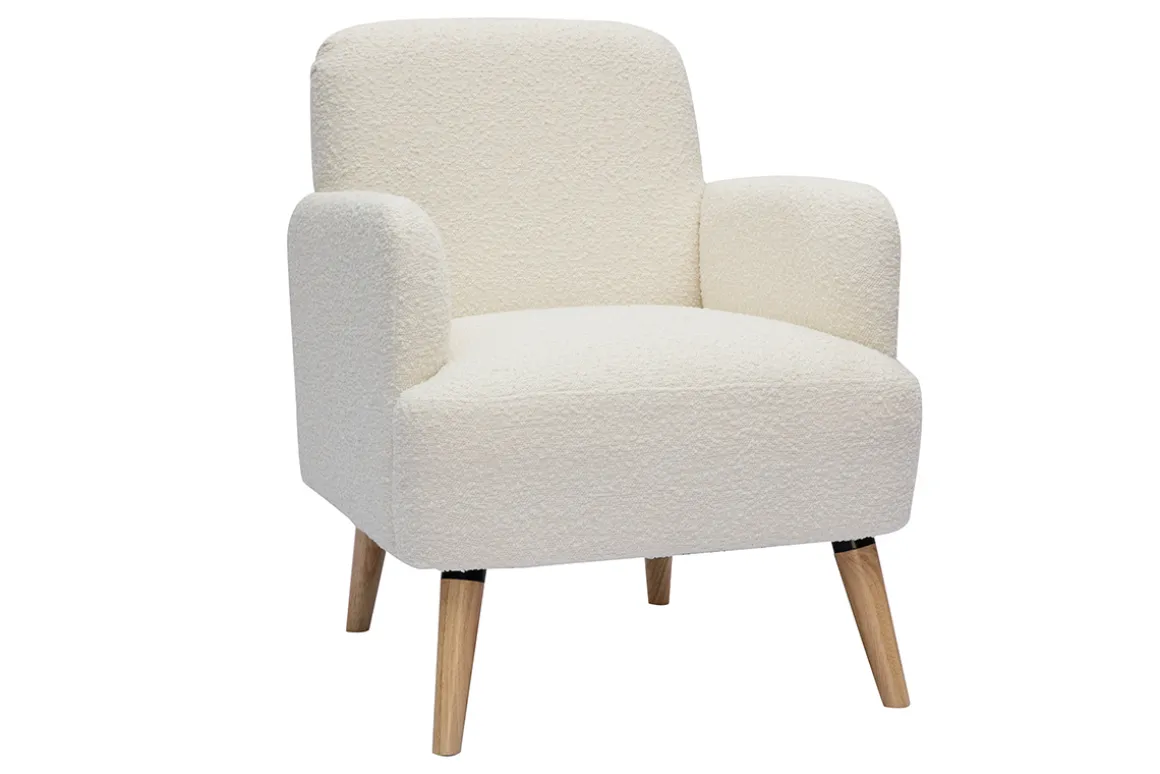 Miliboo Fauteuil Design|Voir Tous Les Fauteuils-Fauteuil scandinave en tissu effet laine bouclée blanc cassé et bois clair ISKO