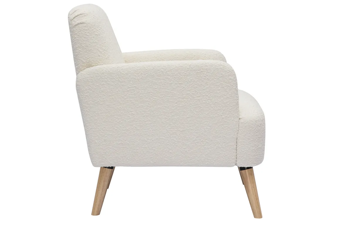 Miliboo Fauteuil Design|Voir Tous Les Fauteuils-Fauteuil scandinave en tissu effet laine bouclée blanc cassé et bois clair ISKO