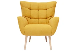Miliboo Fauteuil Design|Voir Tous Les Fauteuils-Fauteuil scandinave en tissu effet velours jaune moutarde et bois clair AVERY