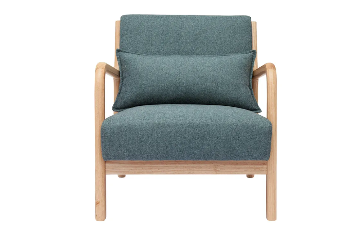 Miliboo Fauteuil Design|Voir Tous Les Fauteuils-Fauteuil scandinave en tissu vert de gris et bois clair massif DERRY