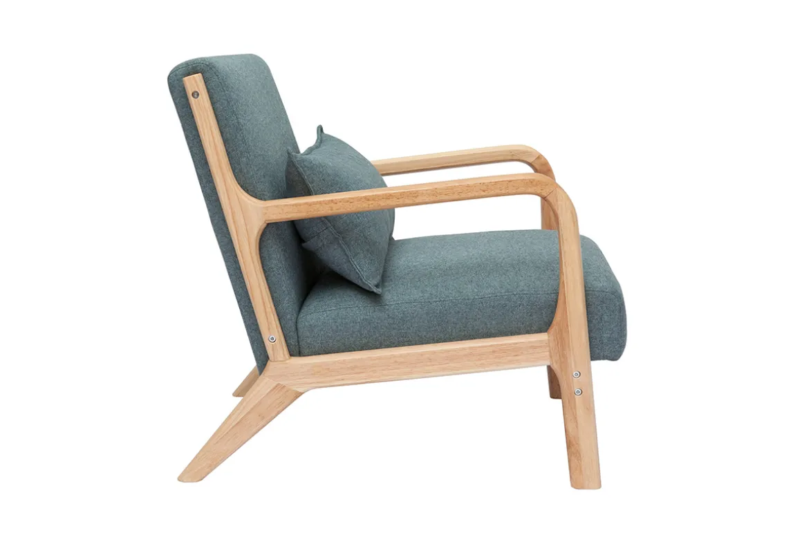 Miliboo Fauteuil Design|Voir Tous Les Fauteuils-Fauteuil scandinave en tissu vert de gris et bois clair massif DERRY
