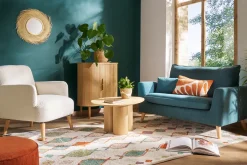 Miliboo Fauteuil Design|Voir Tous Les Fauteuils-Fauteuil scandinave en tissu effet velours texturé beige et bois clair ISKO