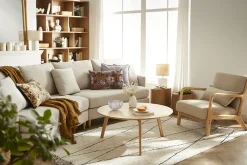 Miliboo Fauteuil Design|Voir Tous Les Fauteuils-Fauteuil scandinave en tissu effet velours terre brûlée et bois clair massif DERRY