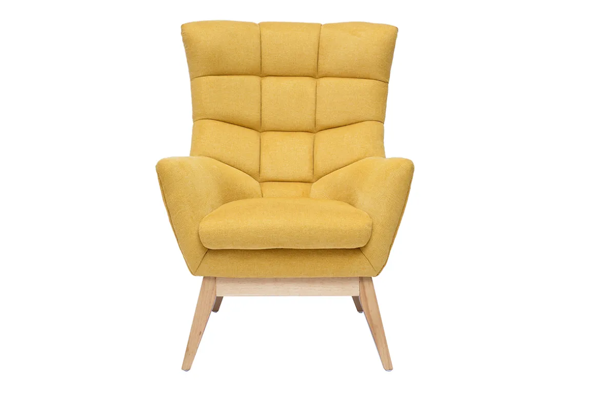 Miliboo Fauteuil Design|Voir Tous Les Fauteuils-Fauteuil scandinave en tissu effet velours texturé jaune moutarde et bois clair BRODY