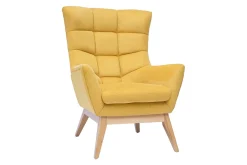 Miliboo Fauteuil Design|Voir Tous Les Fauteuils-Fauteuil scandinave en tissu effet velours texturé jaune moutarde et bois clair BRODY