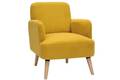 Miliboo Fauteuil Design|Voir Tous Les Fauteuils-Fauteuil scandinave en tissu effet velours jaune moutarde et bois clair ISKO