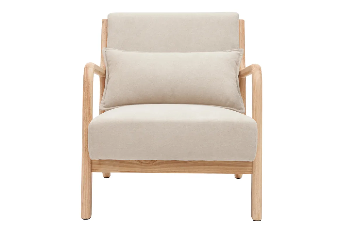 Miliboo Fauteuil Design|Voir Tous Les Fauteuils-Fauteuil scandinave en tissu effet velours beige et bois clair massif DERRY