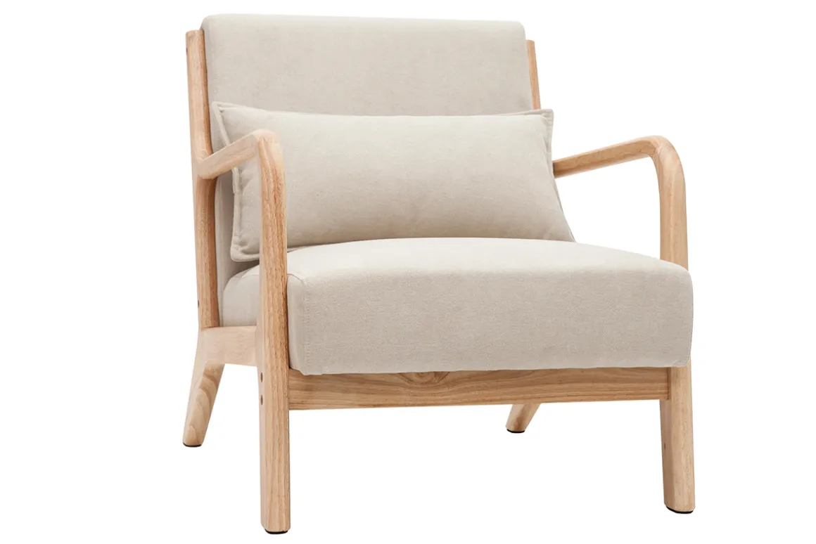 Miliboo Fauteuil Design|Voir Tous Les Fauteuils-Fauteuil scandinave en tissu effet velours beige et bois clair massif DERRY