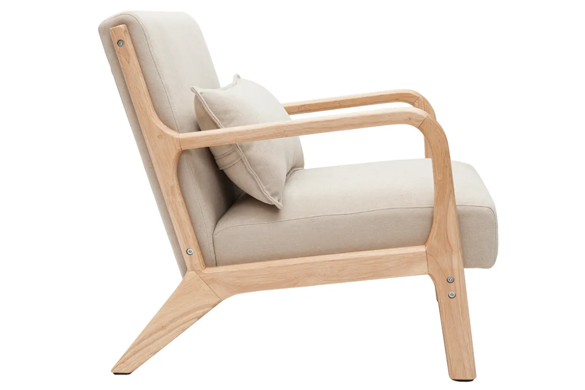 Miliboo Fauteuil Design|Voir Tous Les Fauteuils-Fauteuil scandinave en tissu effet velours beige et bois clair massif DERRY