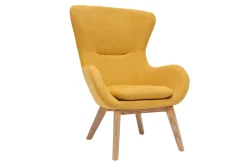 Miliboo Fauteuil Design|Voir Tous Les Fauteuils-Fauteuil scandinave en tissu effet velours jaune moutarde et bois ESKUA