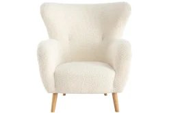 Miliboo Fauteuil Design|Voir Tous Les Fauteuils-Fauteuil scandinave en tissu effet peau de mouton blanc et bois clair KORO