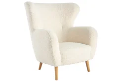 Miliboo Fauteuil Design|Voir Tous Les Fauteuils-Fauteuil scandinave en tissu effet peau de mouton blanc et bois clair KORO