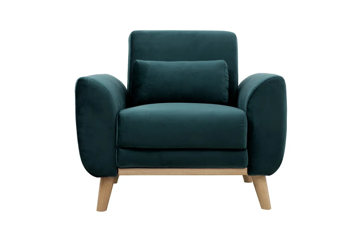 Miliboo Fauteuil Design|Voir Tous Les Fauteuils-Fauteuil scandinave en tissu velours bleu pétrole et bois clair EKTOR