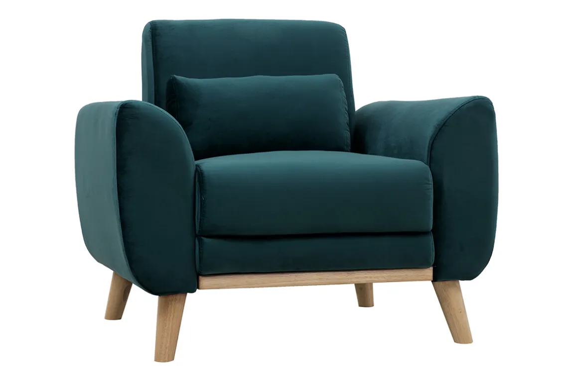 Miliboo Fauteuil Design|Voir Tous Les Fauteuils-Fauteuil scandinave en tissu velours bleu pétrole et bois clair EKTOR