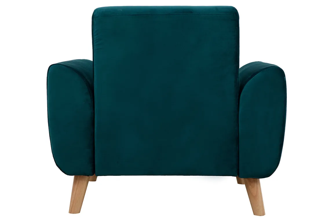 Miliboo Fauteuil Design|Voir Tous Les Fauteuils-Fauteuil scandinave en tissu velours bleu pétrole et bois clair EKTOR