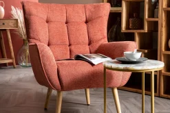 Miliboo Fauteuil Design|Voir Tous Les Fauteuils-Fauteuil scandinave en tissu effet velours texturé terracotta et bois clair AVERY