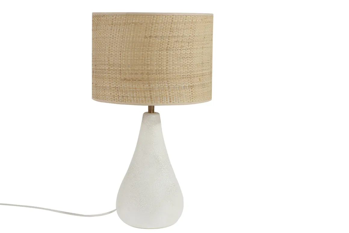 Miliboo Lampe À Poser|Lampe À Poser-Lampe à poser blanche en céramique effet pierre et abat-jour en raphia H49 cm PYRUS