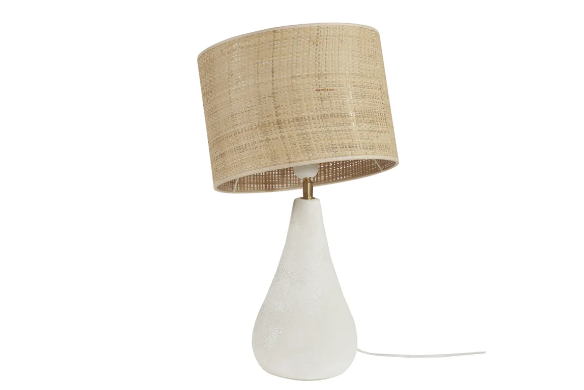 Miliboo Lampe À Poser|Lampe À Poser-Lampe à poser blanche en céramique effet pierre et abat-jour en raphia H49 cm PYRUS