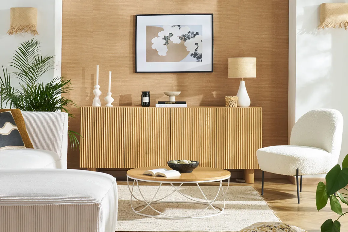 Miliboo Lampe À Poser|Lampe À Poser-Lampe à poser blanche en céramique effet pierre et abat-jour en raphia H49 cm PYRUS