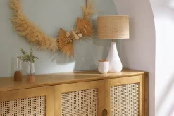 Miliboo Lampe À Poser|Lampe À Poser-Lampe à poser blanche en céramique effet pierre et abat-jour en raphia H49 cm PYRUS