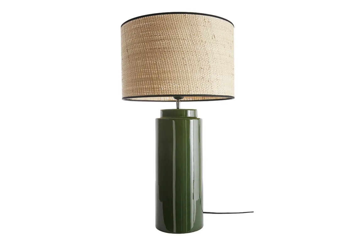 Miliboo Lampe À Poser|Lampe À Poser-Lampe à poser en céramique émaillée verte et abat-jour en raphia naturel H64 cm MAJES