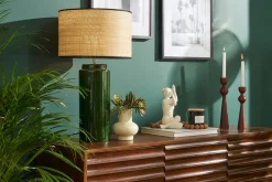 Miliboo Lampe À Poser|Lampe À Poser-Lampe à poser en céramique émaillée verte et abat-jour en raphia naturel H64 cm MAJES