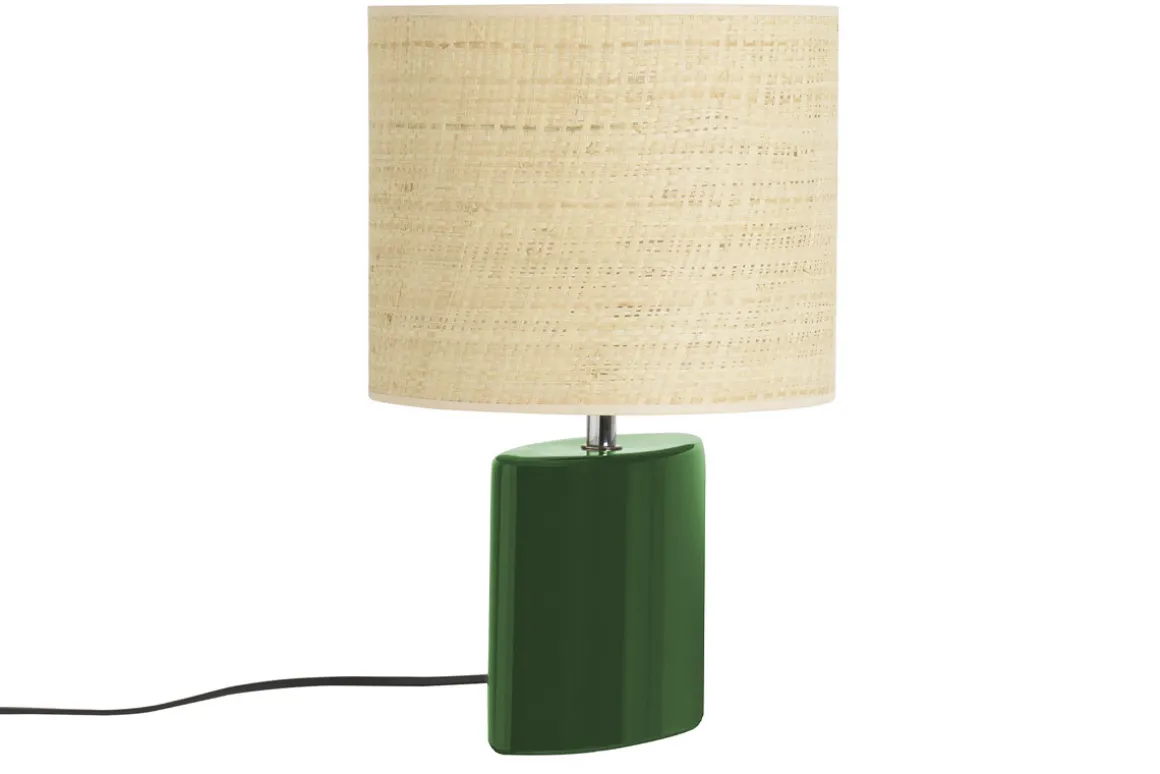 Miliboo Lampe À Poser|Lampe À Poser-Lampe à poser en céramique vert foncé et abat-jour en raphia naturel H40 cm TIGA