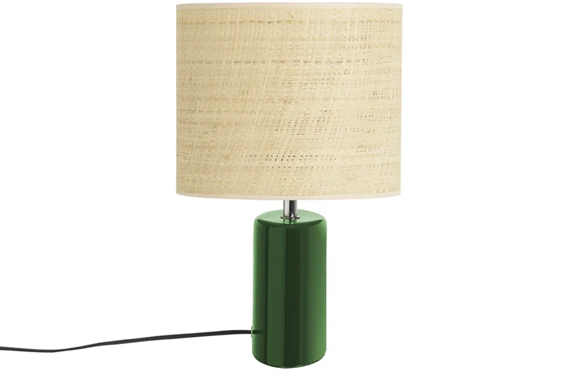 Miliboo Lampe À Poser|Lampe À Poser-Lampe à poser en céramique vert foncé et abat-jour en raphia naturel H40 cm TIGA