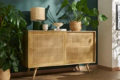 Miliboo Lampe À Poser|Lampe À Poser-Lampe à poser en céramique vert foncé et abat-jour en raphia naturel H40 cm TIGA