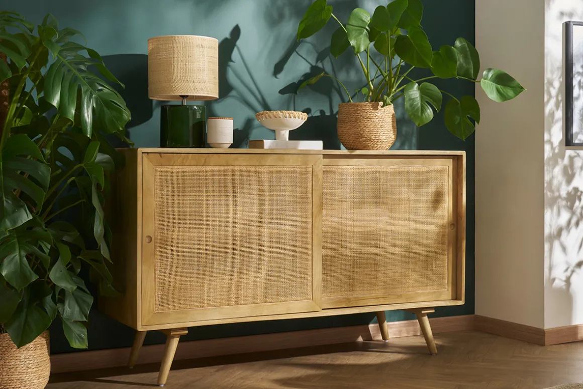 Miliboo Lampe À Poser|Lampe À Poser-Lampe à poser en céramique vert foncé et abat-jour en raphia naturel H40 cm TIGA