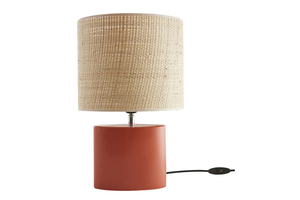 Miliboo Lampe À Poser|Lampe À Poser-Lampe à poser en céramique terracotta mat et abat-jour en raphia naturel H40 cm TIGA