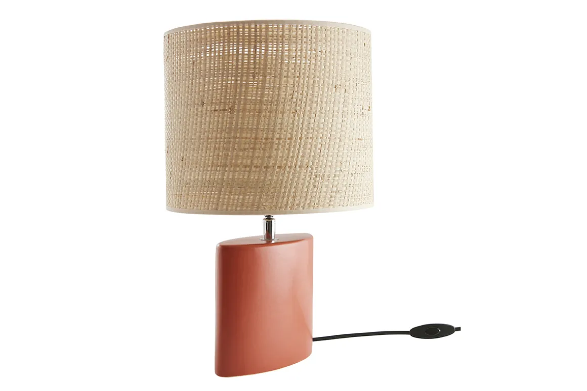 Miliboo Lampe À Poser|Lampe À Poser-Lampe à poser en céramique terracotta mat et abat-jour en raphia naturel H40 cm TIGA
