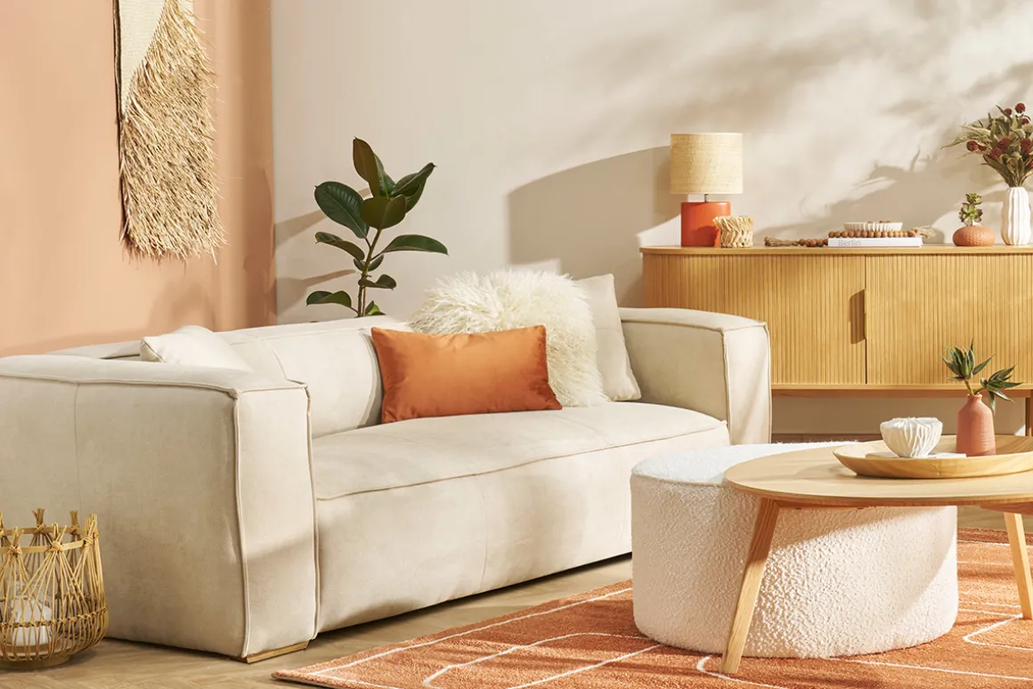 Miliboo Lampe À Poser|Lampe À Poser-Lampe à poser en céramique terracotta mat et abat-jour en raphia naturel H40 cm TIGA