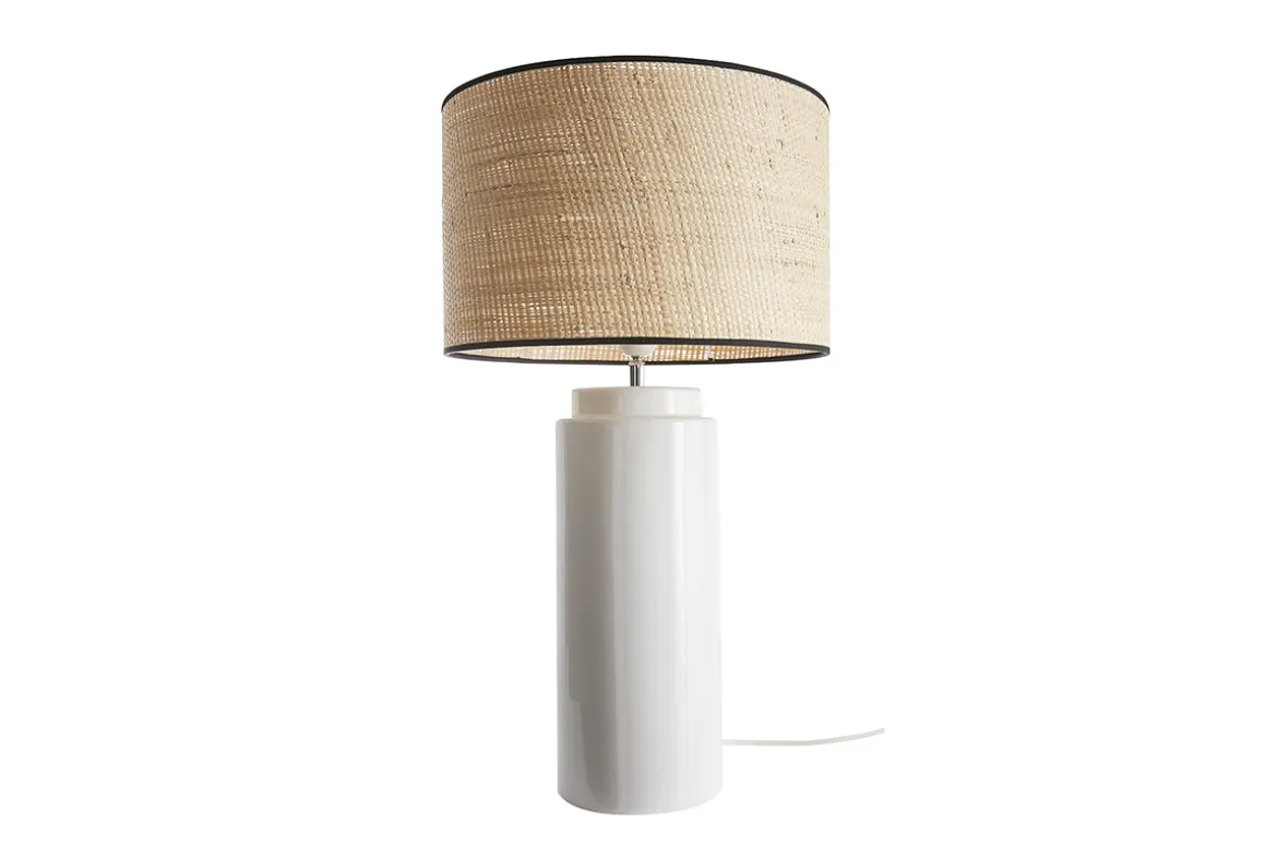 Miliboo Lampe À Poser|Lampe À Poser-Lampe à poser en céramique émaillée blanche et abat-jour en raphia naturel H64 cm MAJES