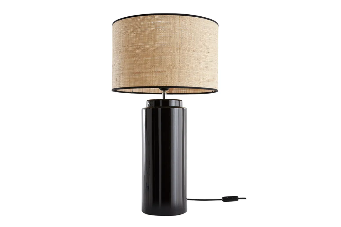 Miliboo Lampe À Poser|Lampe À Poser-Lampe à poser en céramique émaillée noire et abat-jour en raphia naturel H64 cm MAJES