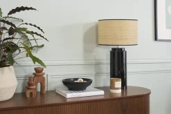 Miliboo Lampe À Poser|Lampe À Poser-Lampe à poser en céramique émaillée noire et abat-jour en raphia naturel H64 cm MAJES