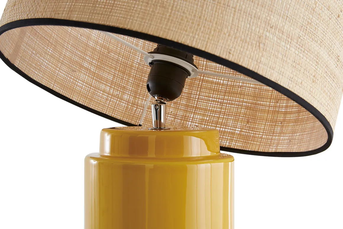 Miliboo Lampe À Poser|Lampe À Poser-Lampe à poser en céramique émaillée jaune et abat-jour en raphia naturel H64 cm MAJES