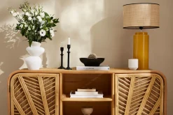 Miliboo Lampe À Poser|Lampe À Poser-Lampe à poser en céramique émaillée jaune et abat-jour en raphia naturel H64 cm MAJES