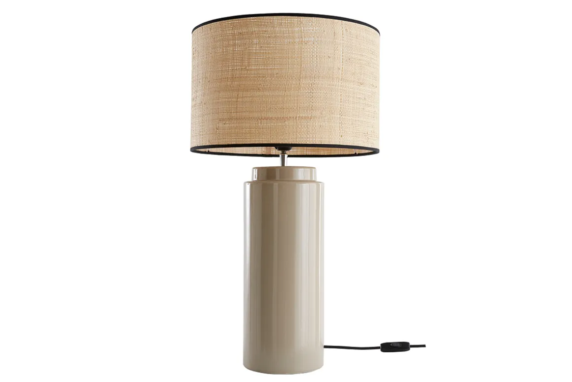 Miliboo Lampe À Poser|Lampe À Poser-Lampe à poser en céramique émaillée taupe et abat-jour en raphia naturel H64 cm MAJES