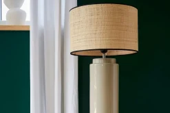 Miliboo Lampe À Poser|Lampe À Poser-Lampe à poser en céramique émaillée taupe et abat-jour en raphia naturel H64 cm MAJES