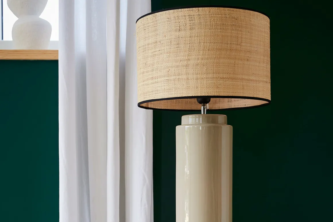 Miliboo Lampe À Poser|Lampe À Poser-Lampe à poser en céramique émaillée taupe et abat-jour en raphia naturel H64 cm MAJES