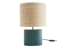 Miliboo Lampe À Poser|Lampe À Poser-Lampe à poser en céramique bleu pétrole mat et abat-jour en raphia naturel H40 cm TIGA