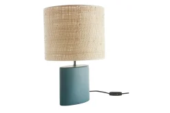Miliboo Lampe À Poser|Lampe À Poser-Lampe à poser en céramique bleu pétrole mat et abat-jour en raphia naturel H40 cm TIGA