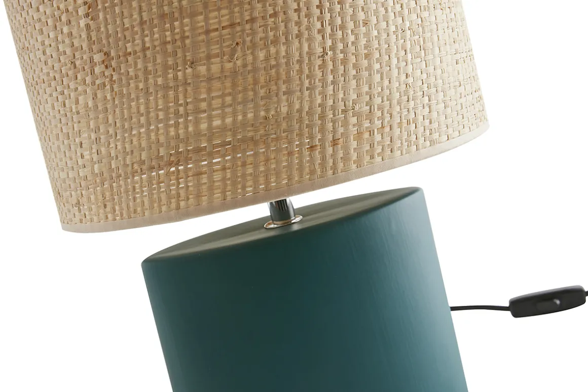 Miliboo Lampe À Poser|Lampe À Poser-Lampe à poser en céramique bleu pétrole mat et abat-jour en raphia naturel H40 cm TIGA