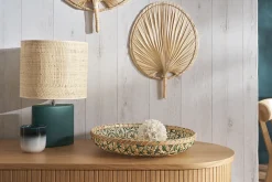 Miliboo Lampe À Poser|Lampe À Poser-Lampe à poser en céramique bleu pétrole mat et abat-jour en raphia naturel H40 cm TIGA