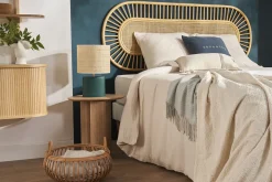 Miliboo Lampe À Poser|Lampe À Poser-Lampe à poser en céramique bleu pétrole mat et abat-jour en raphia naturel H40 cm TIGA