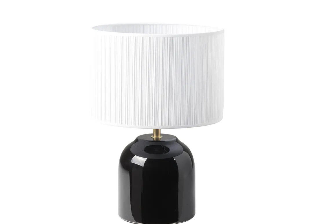 Miliboo Lampe À Poser|Lampe À Poser-Lampe à poser noire en céramique brillante et abat-jour en tissu plissé blanc H35 cm PIEGA