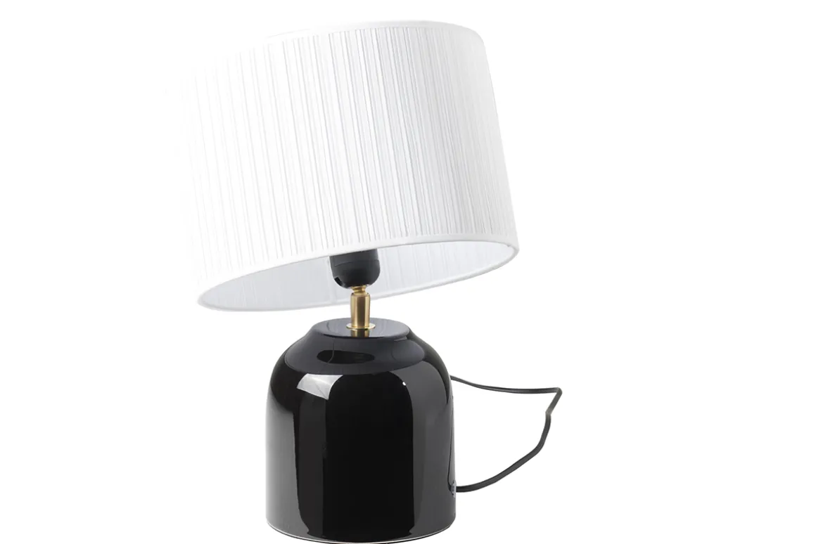 Miliboo Lampe À Poser|Lampe À Poser-Lampe à poser noire en céramique brillante et abat-jour en tissu plissé blanc H35 cm PIEGA
