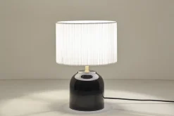 Miliboo Lampe À Poser|Lampe À Poser-Lampe à poser noire en céramique brillante et abat-jour en tissu plissé blanc H35 cm PIEGA