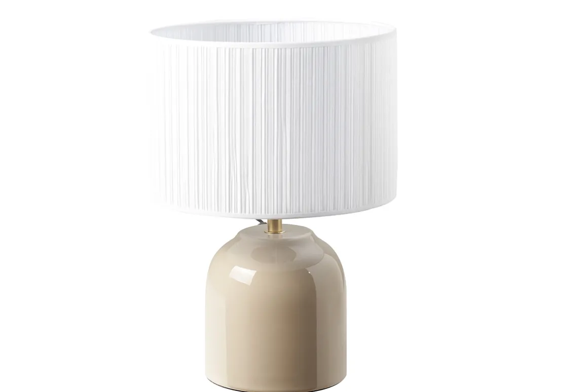 Miliboo Lampe À Poser|Lampe À Poser-Lampe à poser taupe en céramique brillante et abat-jour en tissu plissé blanc H35 cm PIEGA